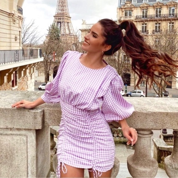 ZARA Blogger Lilac Gingham Ruched Mini Dress - Picture 6 of 16